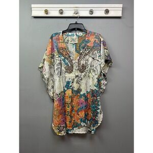 Faith Tunic Top Womens Small Multi Color Paisley‎ Beaded Boho V-Neck Viscose